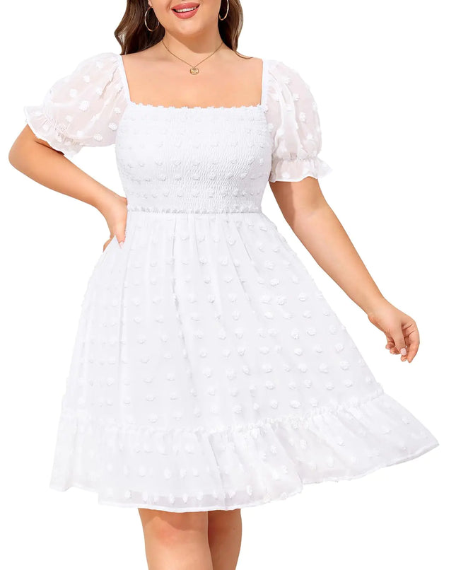 Graduation Dress Plus Size White Summer Casual Bridal Shower Square Neck Swiss Dot Short Smocked Swing Dress Women Teen