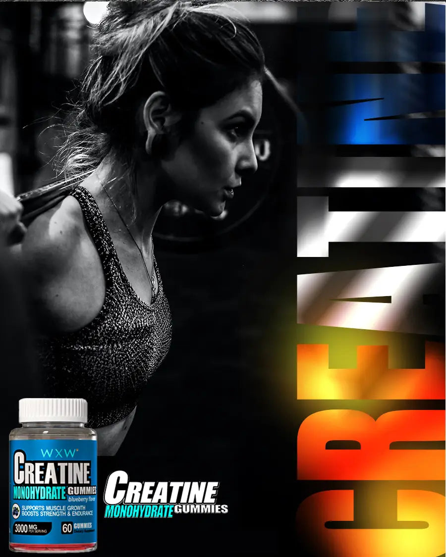A bottle of wxxw creatine monohydrate gummies with a blue and white label with red accents containing 60 blueberry creatine gummies for fitness supplementation.