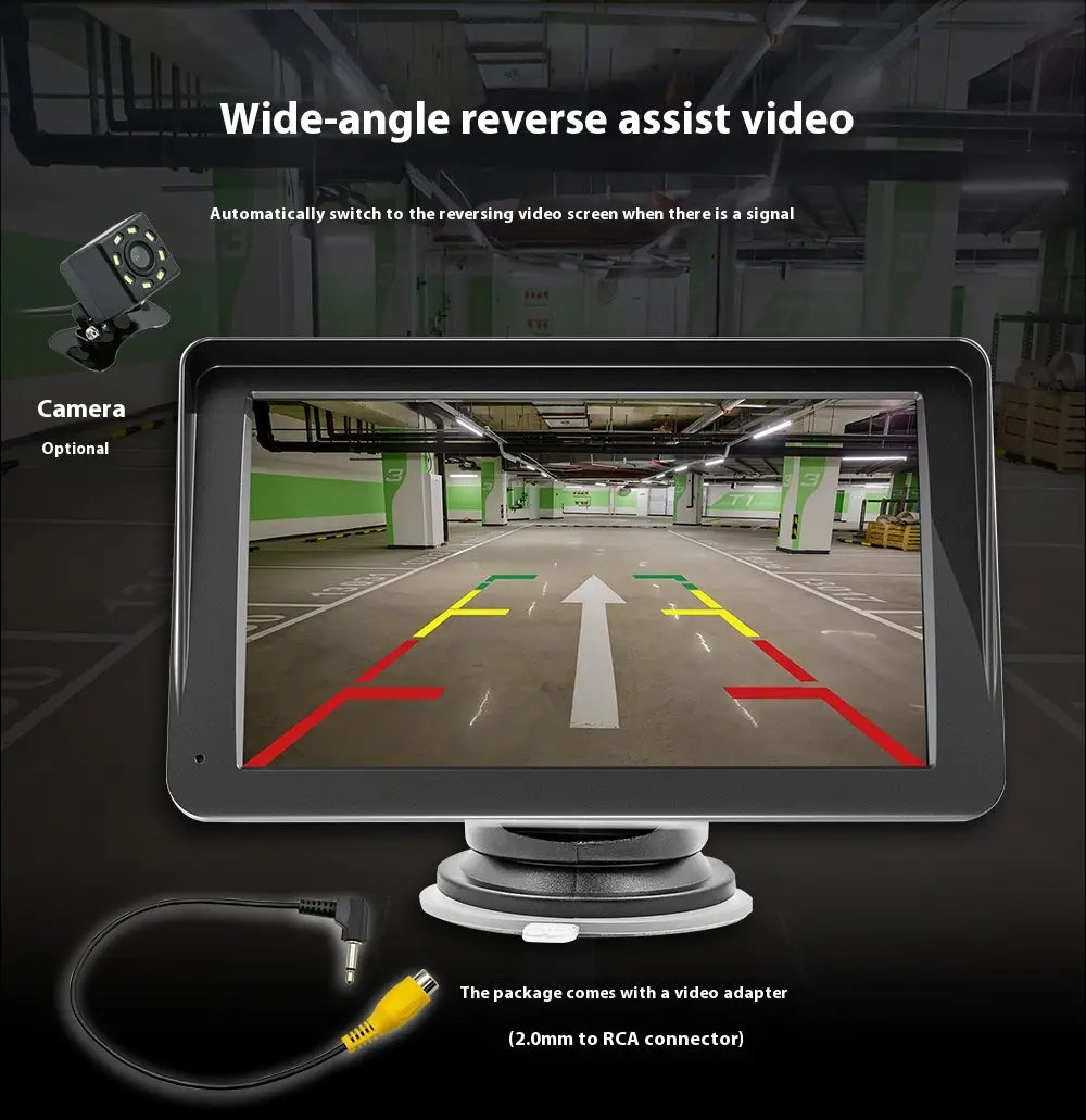 Black-framed 7 inch portable car player hd large screen display featuring a wide-angle reverse assist video monitor for large screen vehicle use.