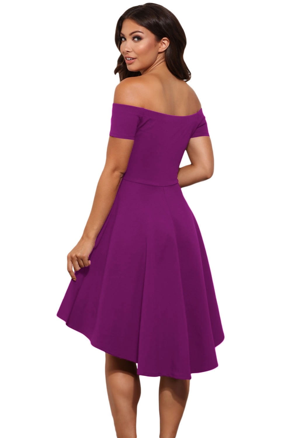 A vibrant purple off-the-shoulder midi dress with shoulder short sleeve and a large swallowtail skirt featuring a fitted bodice and flared skirt.