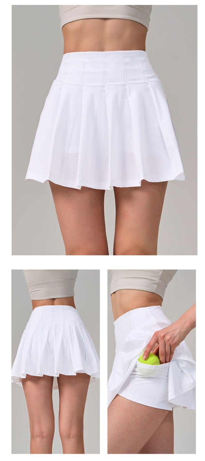 white pleated tennis skirt with a side pocket designed for fitness yoga exercise and aerobics high waist use