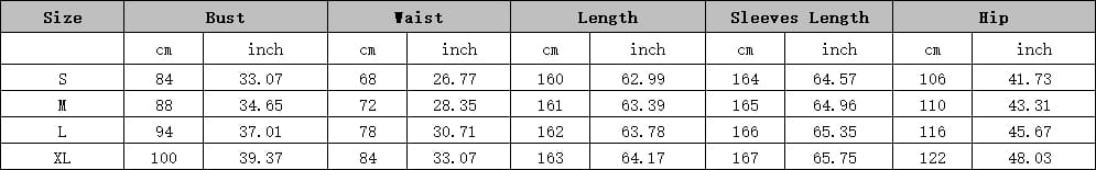 The image shows a size chart for a pink and gold mesh long sleeve sequins large swing dress with measurements in centimeters and inches for sizes s through xl.