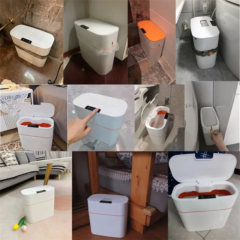 White rectangular smart trash can with a sleek modern design and orange accent line for living room kitchen use.
