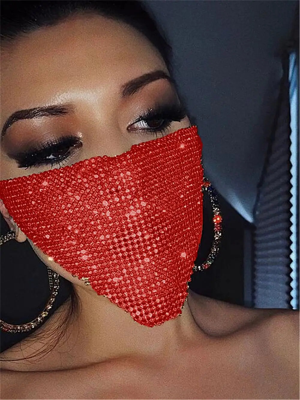 A dazzling red flash jewelry mask adorned with a dense sparkling array of rhinestones featuring explosive metal flash design.