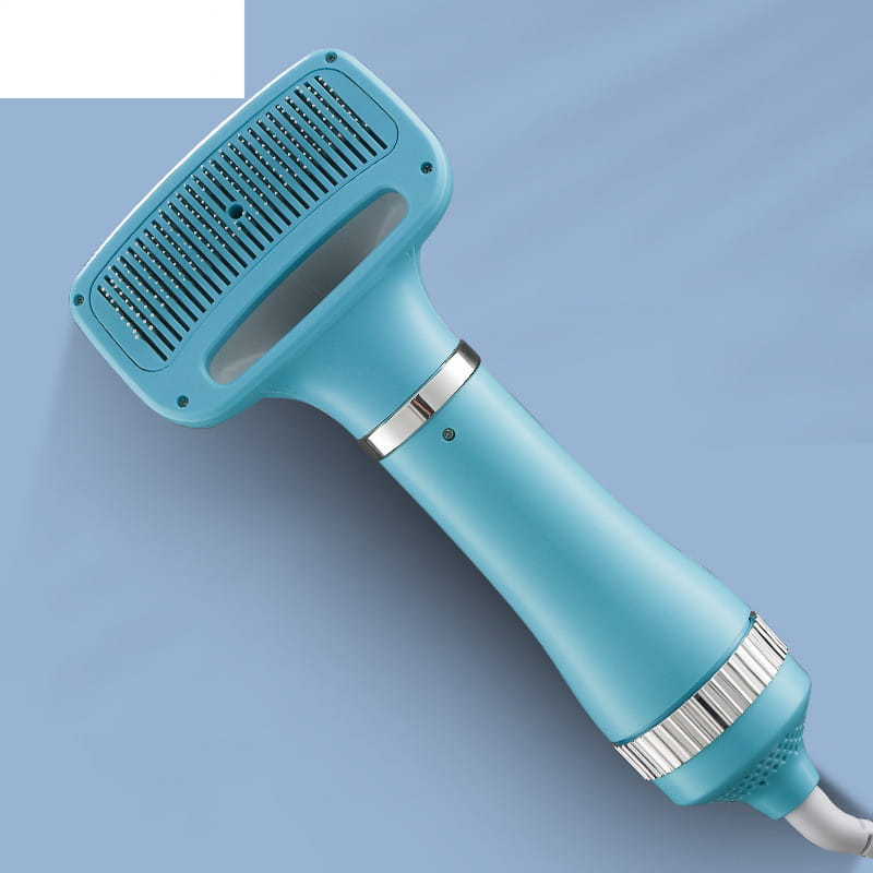 Light blue 5-in-1 pet hair dryer with comb-like grooming attachments and metallic accents designed for one-key hair removal and efficient hair drying.