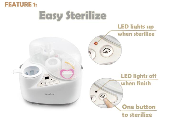 Digital baby bottle sterilizer with clear dome lid white plastic body and control panel featuring a single button for easy operation used as a baby bottle sterilizer.