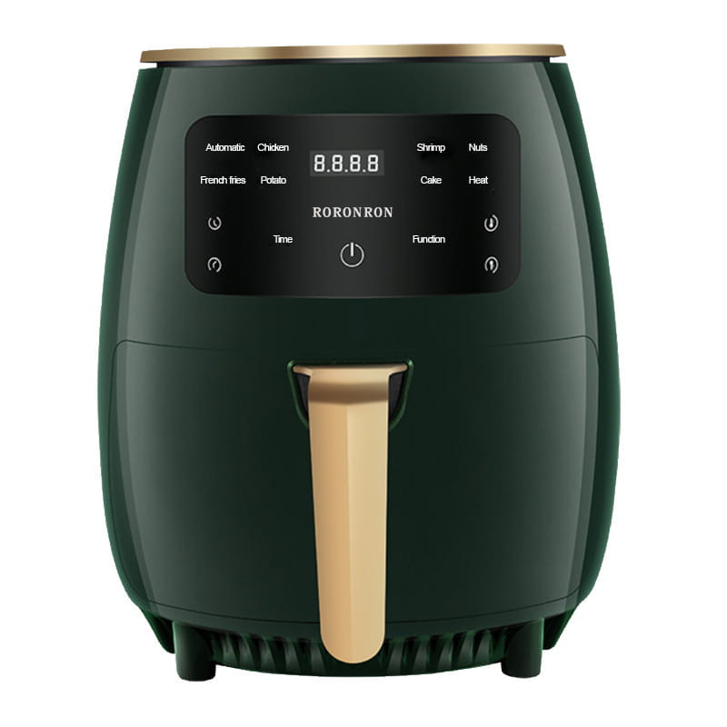 Dark green smart touch air fryer with digital display and gold accents on lid handle and control panel featuring stainless steel elements.