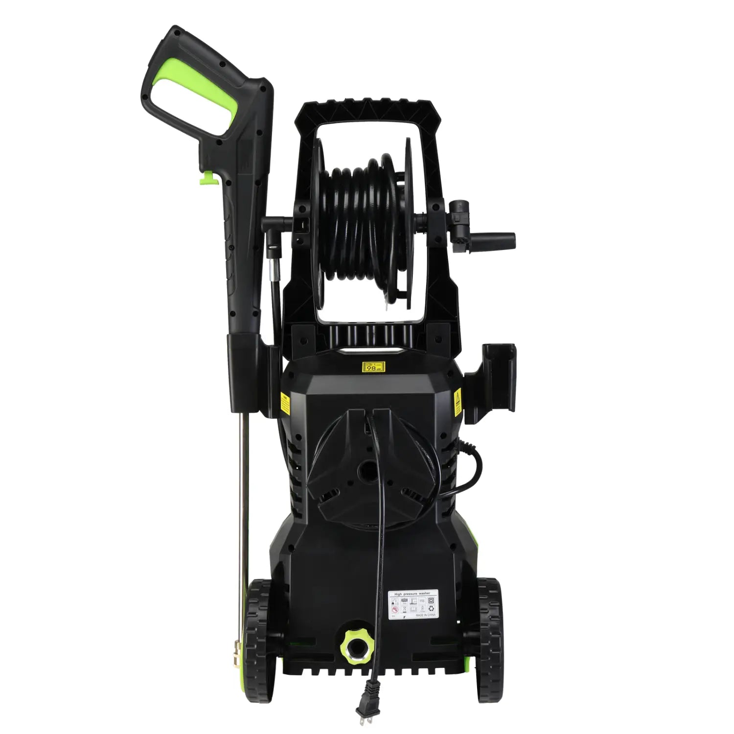 black and lime green high pressure cleaner with coiled hose, handle, wheels, and power cord for efficient pressure cleaning tasks