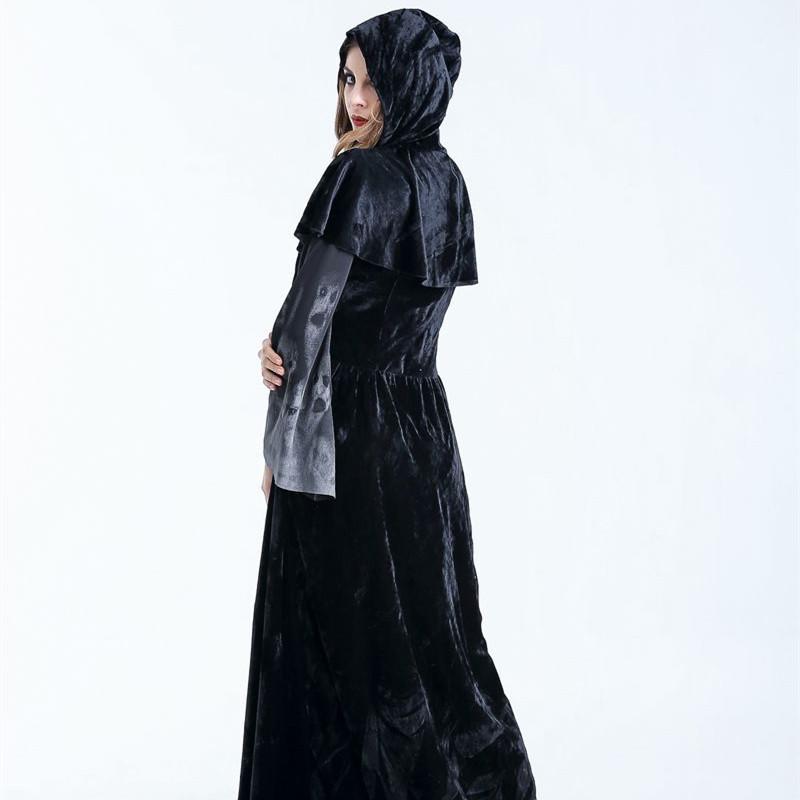 Black velvet hooded gown with a contrasting gray patterned panel on the side designed as a women medieval gothic witch velvet dress.