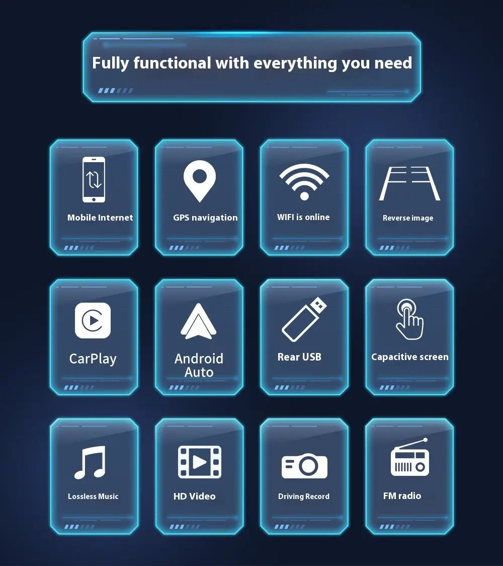 blue glowing digital interface displaying icons for car bluetooth gps and bluetooth gps navigation features on a 9 inch android car bluetooth gps navigation integrated system