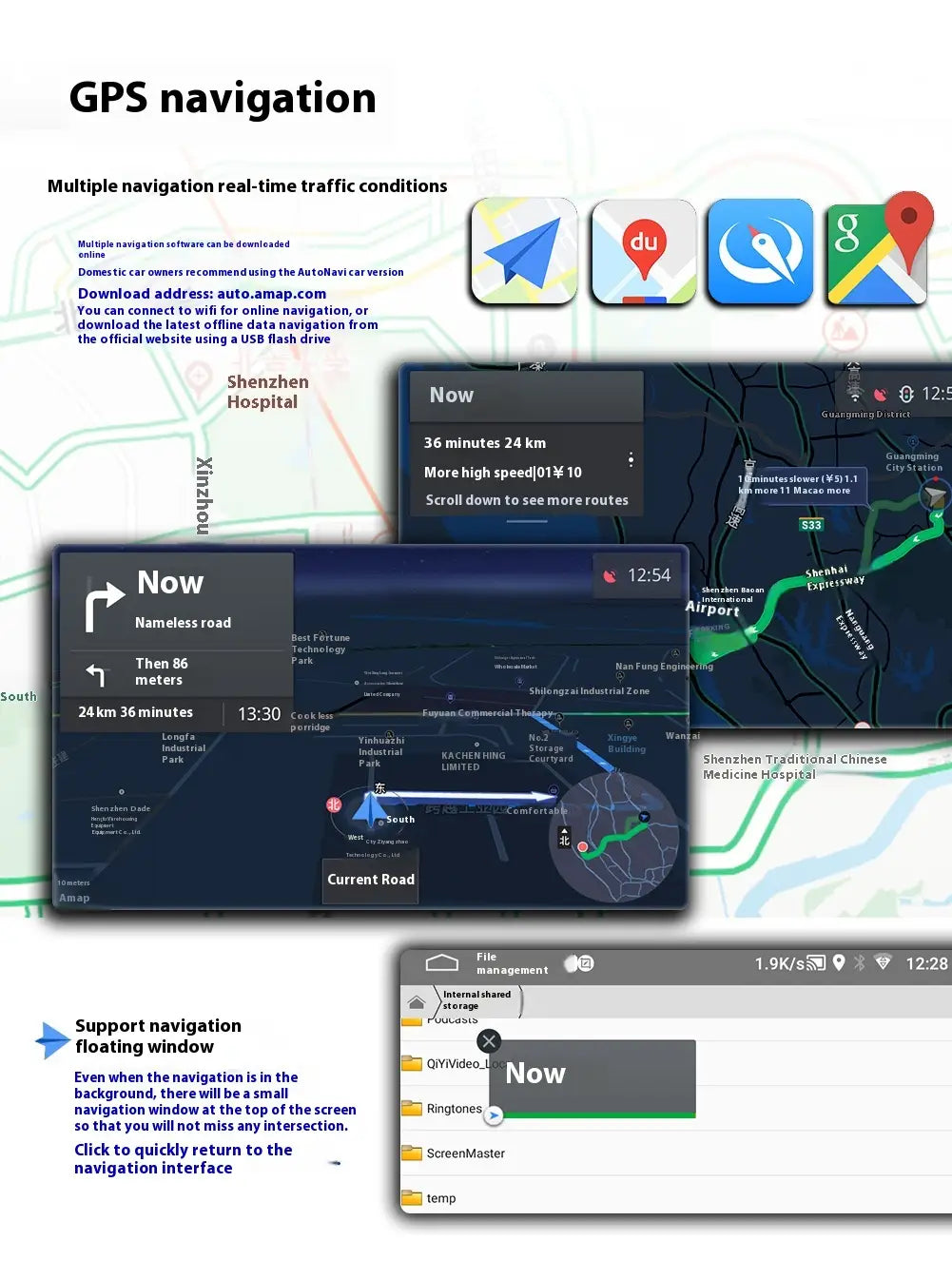 digital 9 inch android car bluetooth gps navigation integrated displaying real-time traffic maps and route guidance on a smartphone screen