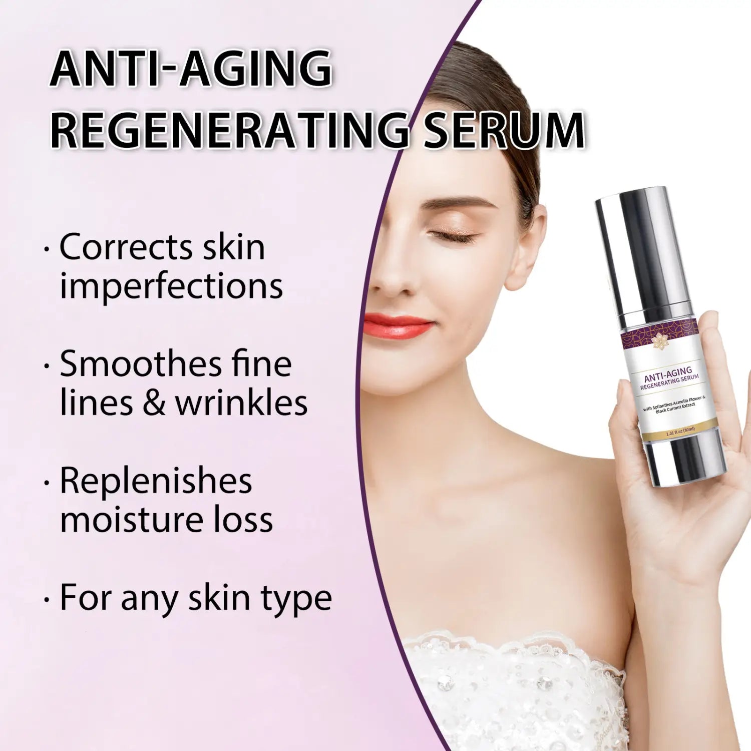 Silver and black anti-aging regenerating serum bottle with gold band and purple decorative pattern designed as a wrinkle hydrating care solution for effective wrinkle hydrating care.