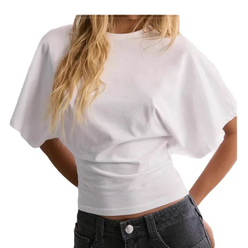 white cotton ins fashion round neck cropped top with wide flowing summer batwing sleeve made of soft cotton fabric