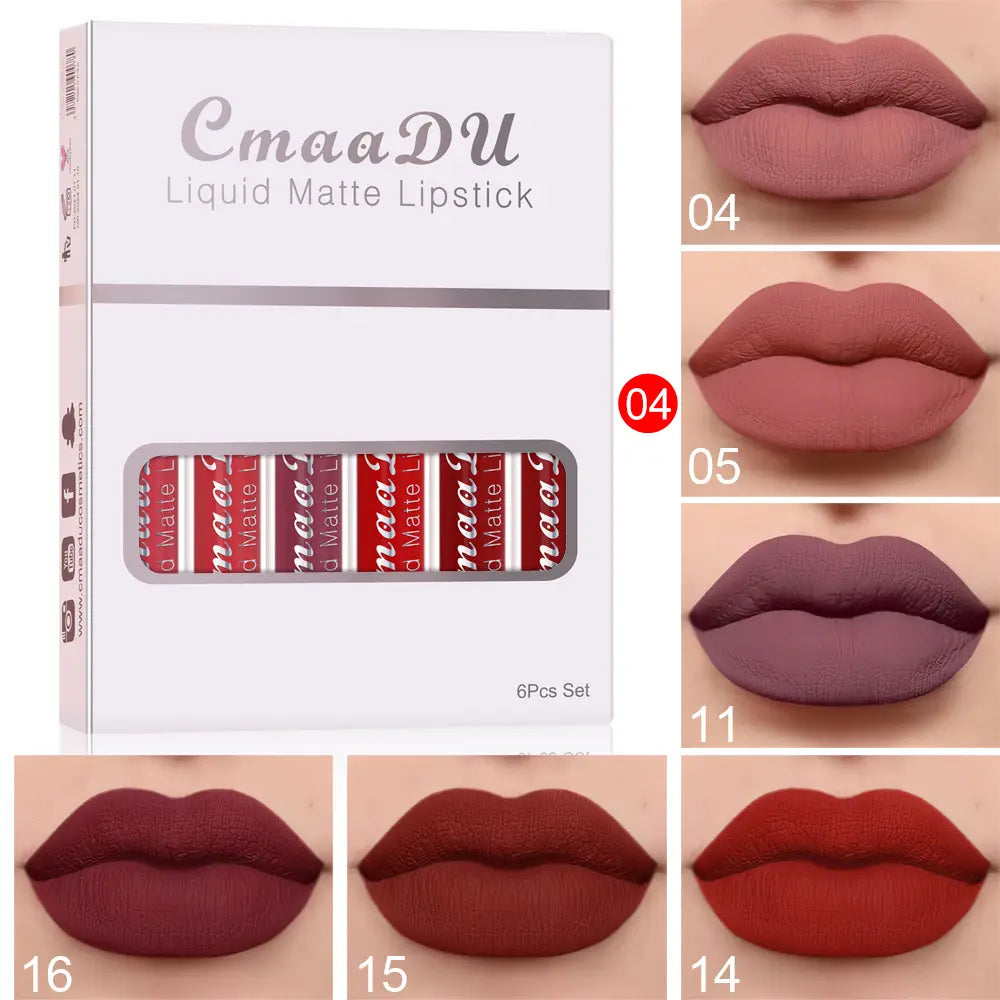 Cmaadu 6 piece liquid matte lipstick long lasting set in a white box featuring six red-tinted waterproof lipstick long shades from muted rose to deep burgundy.