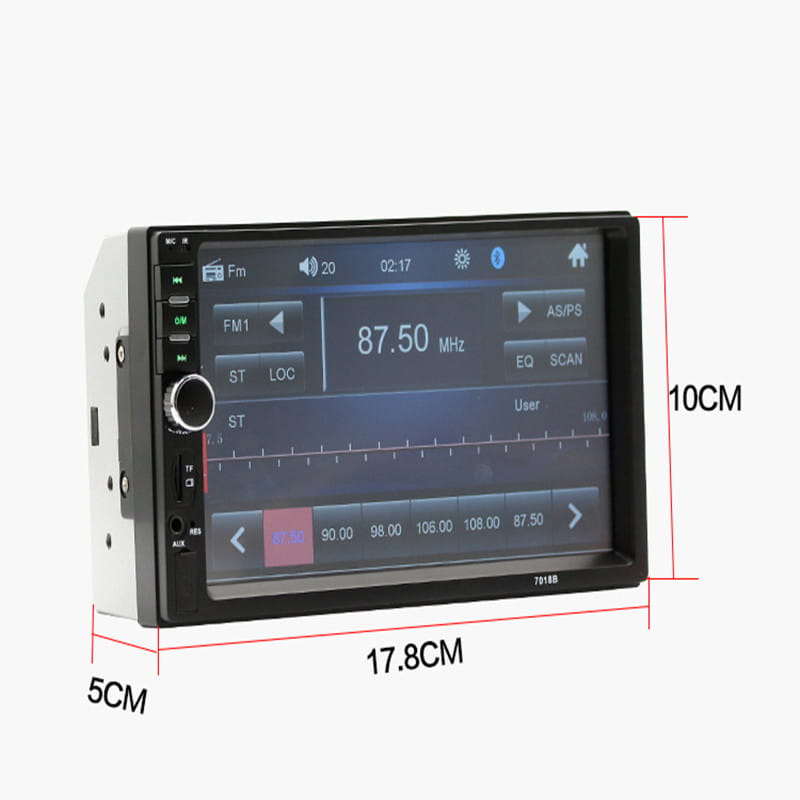 Black and white 2d stereo car audio system with a 7 inch touchscreen display showing fm radio station information featuring mobile phone interconnection and dual spindle vehicle design.