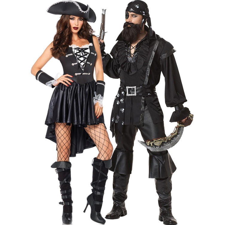 black pirate-themed male pirate costume set for halloween featuring lace-up corset tops with ruffled details, black satin skirts and pants, fishnet stockings, tricorn hats, eye patches, and prop weapons.