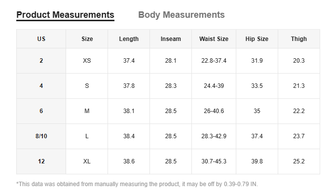 the image shows a size chart with product and body measurements including length, inseam, waist, hip, and thigh for women’s colourblock printed slim fit leggings made with colourblock printed stretch fabric.