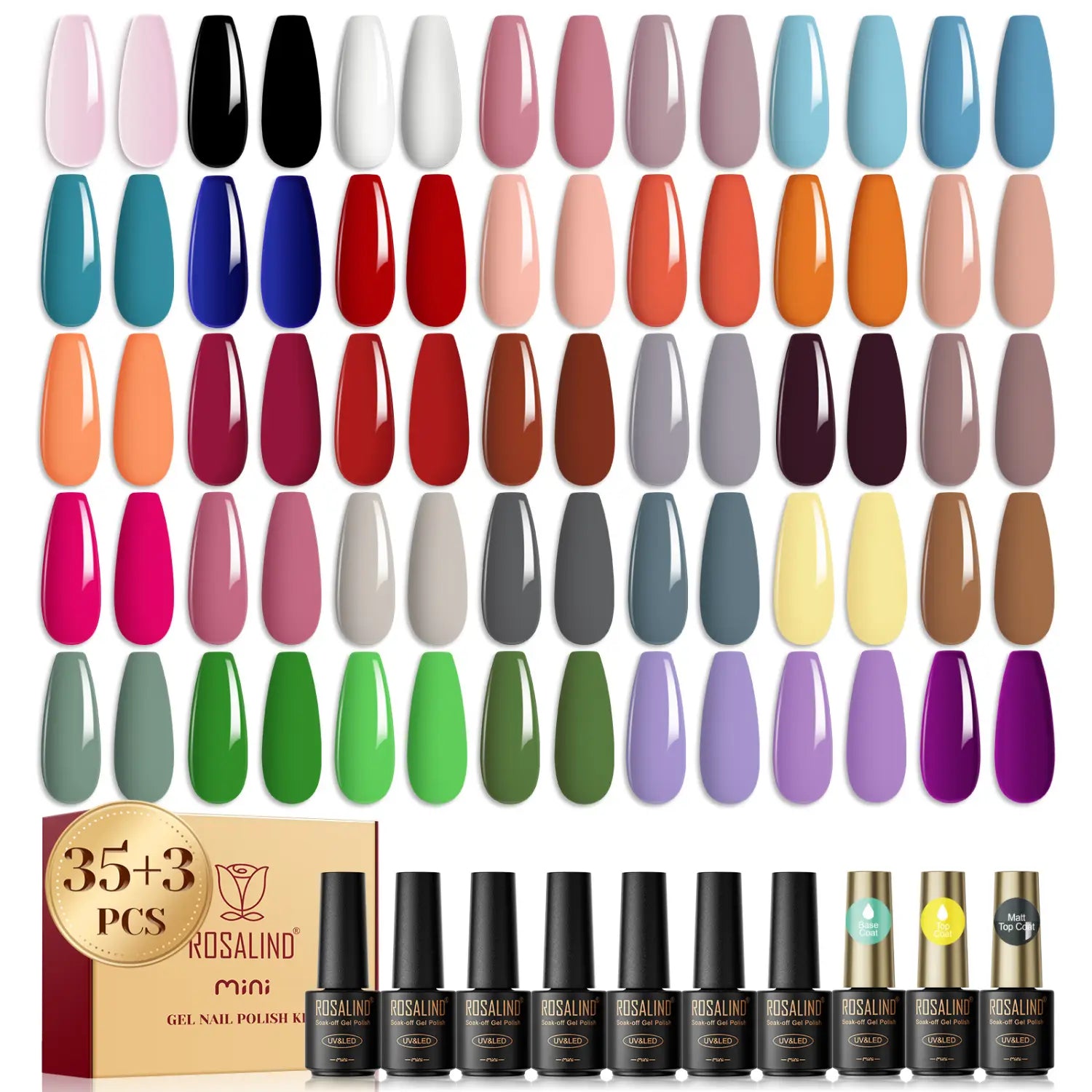 a vibrant 38 piece gel polish set featuring 35 colors in sleek black and gold bottles with a glossy finish ranging from soft pastels to bold hues including electric blue, fuchsia, and emerald green polish set