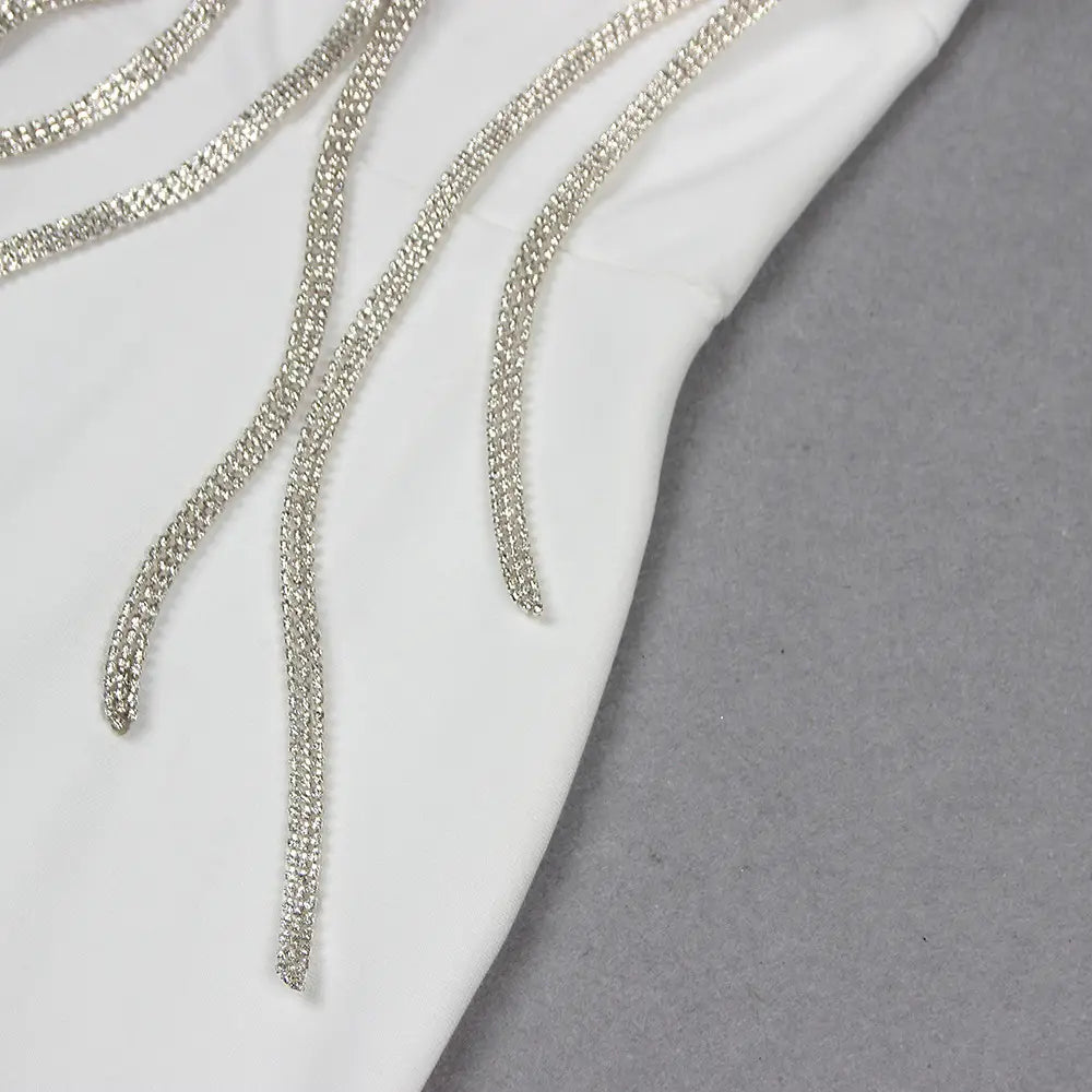 silver rhinestone trim with a delicate beaded design on the white temperament socialite flower chain evening dress