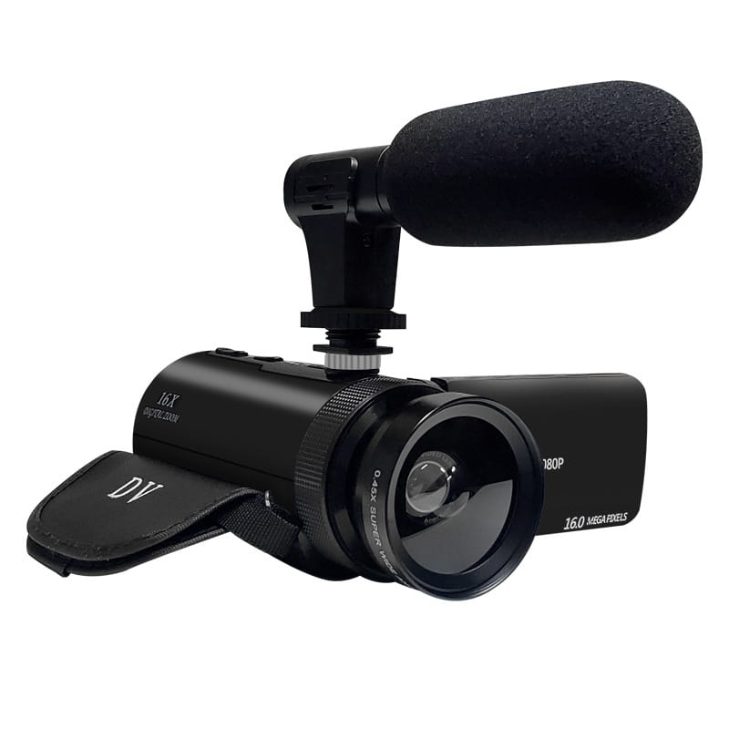 black 16x digital camera with wide-angle lens featuring an external shotgun microphone and royale essence lux dv branded carrying strap