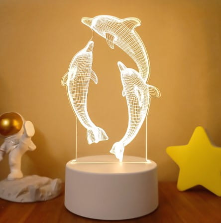 white dolphin-themed 3d led night light with a translucent wireframe design featuring colorful touch remote control lights for ambient lighting.
