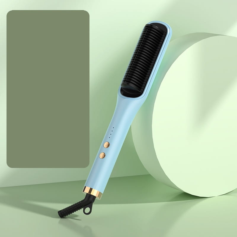 mint green anion hair care electric straightener comb with light blue body, black bristles, and gold accents for efficient care electric hair styling.