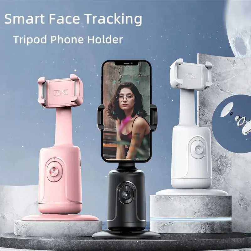 ai smart face tracking gimbal phone holder in pink white and black with adjustable arms and camera lenses designed for face tracking and video recording.