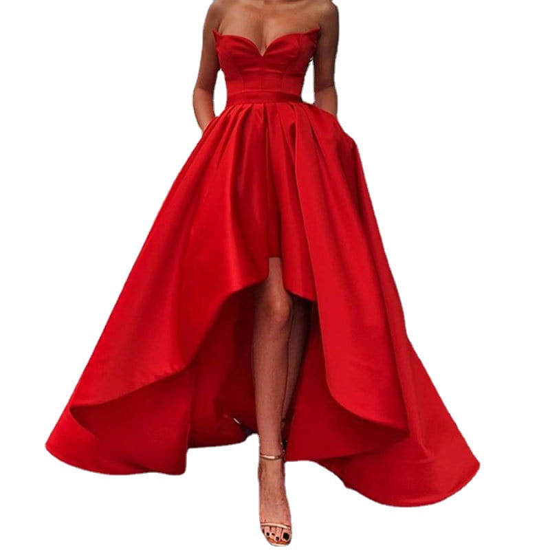 A vibrant red satin strapless ladies evening dress with a fitted bodice and high low hemline perfect as an evening dress sexy or dress sexy tube.