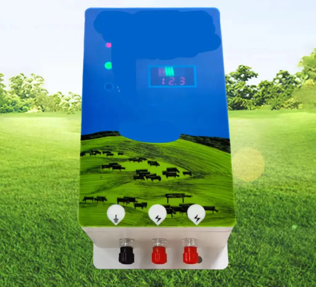blue and green pasture electronic host livestock fence control unit with digital display and three colored terminal connectors for host high voltage management