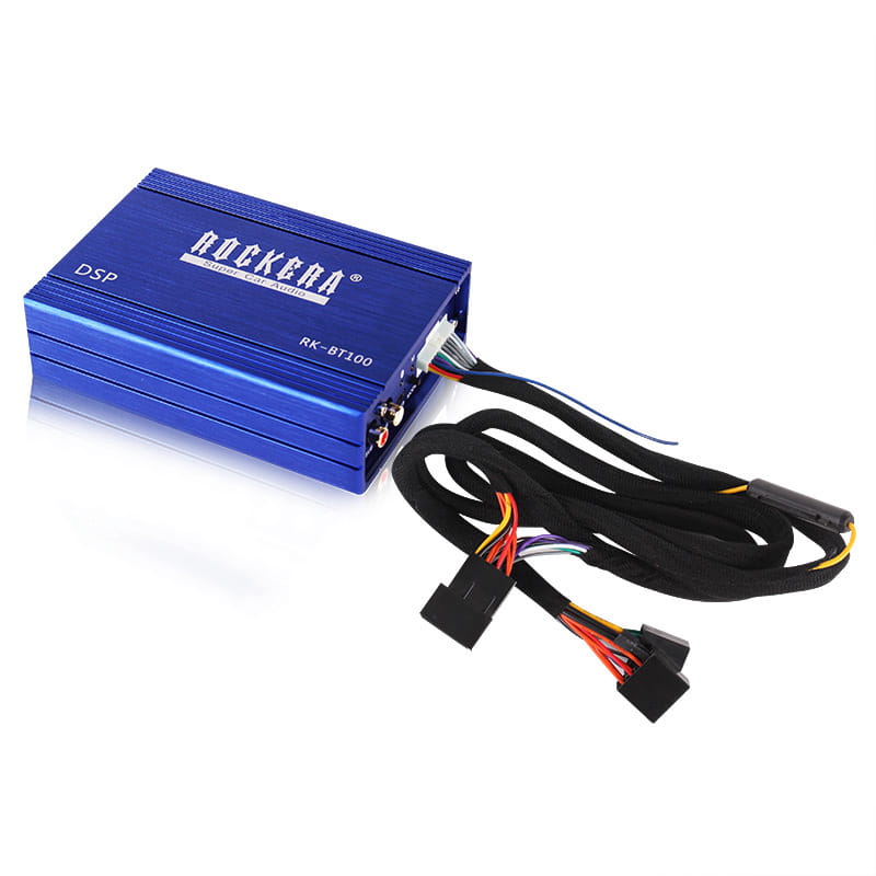 blue rockera rk-bt100 car audio dsp audio processor with 4 channel car audio amplifier shown from the back side featuring multi-colored wiring and black connectors.