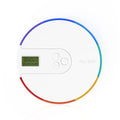 White circular alarm clock pill box with rainbow rim, digital time display, and 7 compartment clock pill dispenser