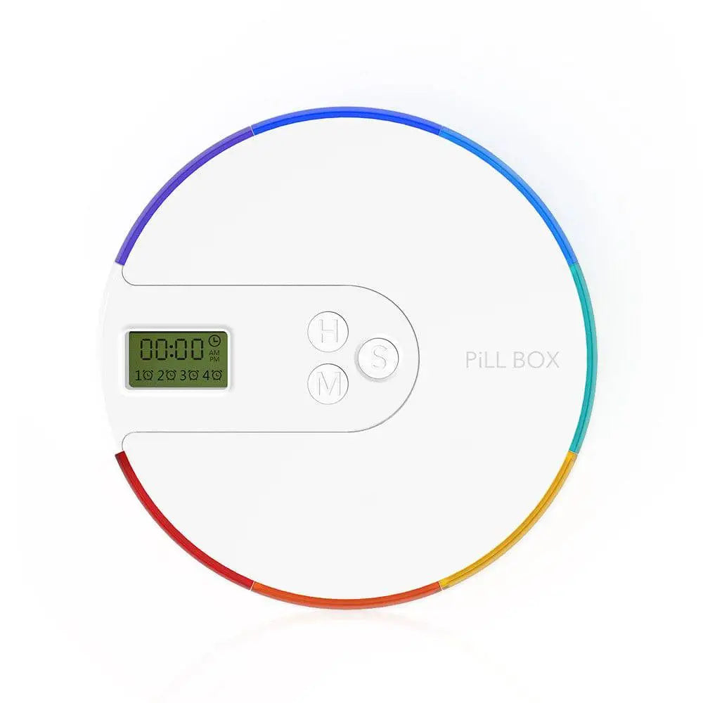 White circular alarm clock pill box with rainbow rim, digital time display, and 7 compartment clock pill dispenser