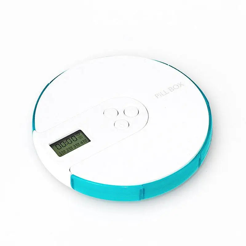 7 compartment white and blue alarm clock pill dispenser with a circular pill box and digital dosage time display