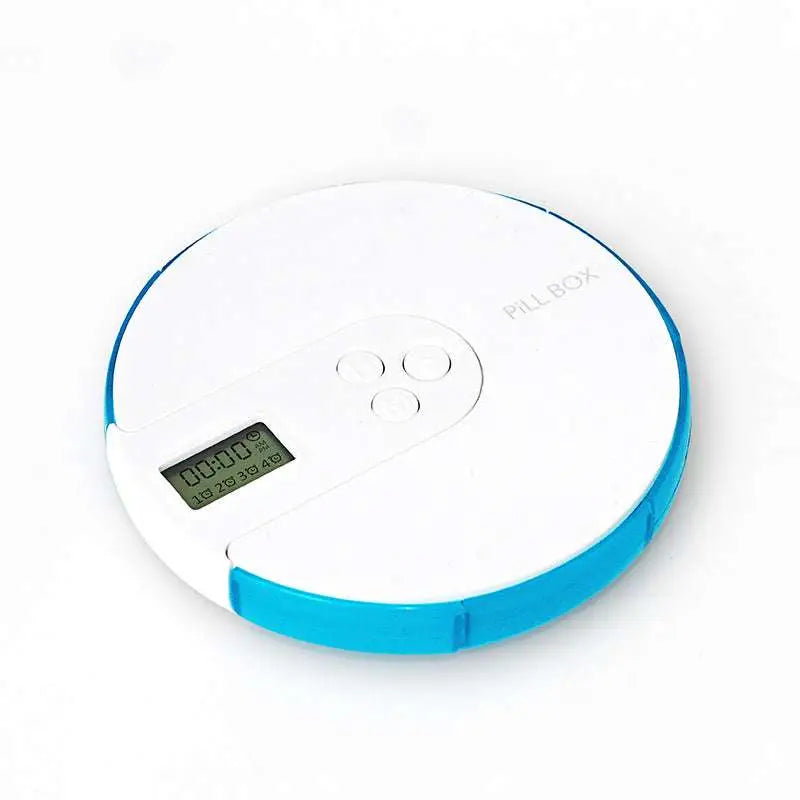 White and blue 7 compartment alarm clock pill dispenser with digital display, three dosage buttons, and pill box branding
