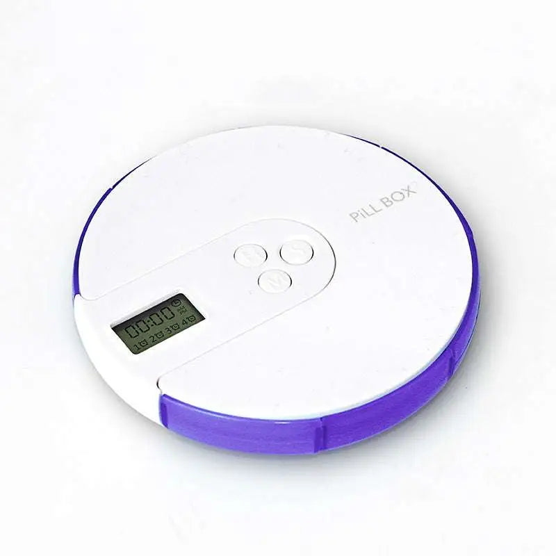 7 compartment white and blue alarm clock pill dispenser with digital display and three buttons branded pillbox