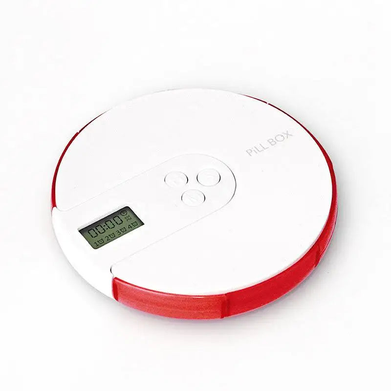 7 compartment white and blue alarm clock pill dispenser with white and red circular pill box and digital dosage display