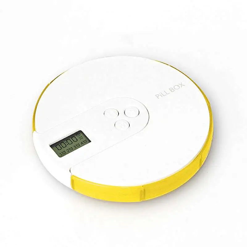 7 compartment white and blue alarm clock pill dispenser with white and yellow circular pill box and digital dosage display