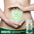 White bottle with gold and green label containing 7 day colon cleanse and detox formula capsules for effective detox formula