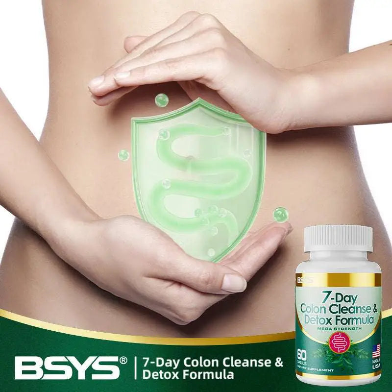 White bottle with gold and green label containing 7 day colon cleanse and detox formula capsules for effective detox formula
