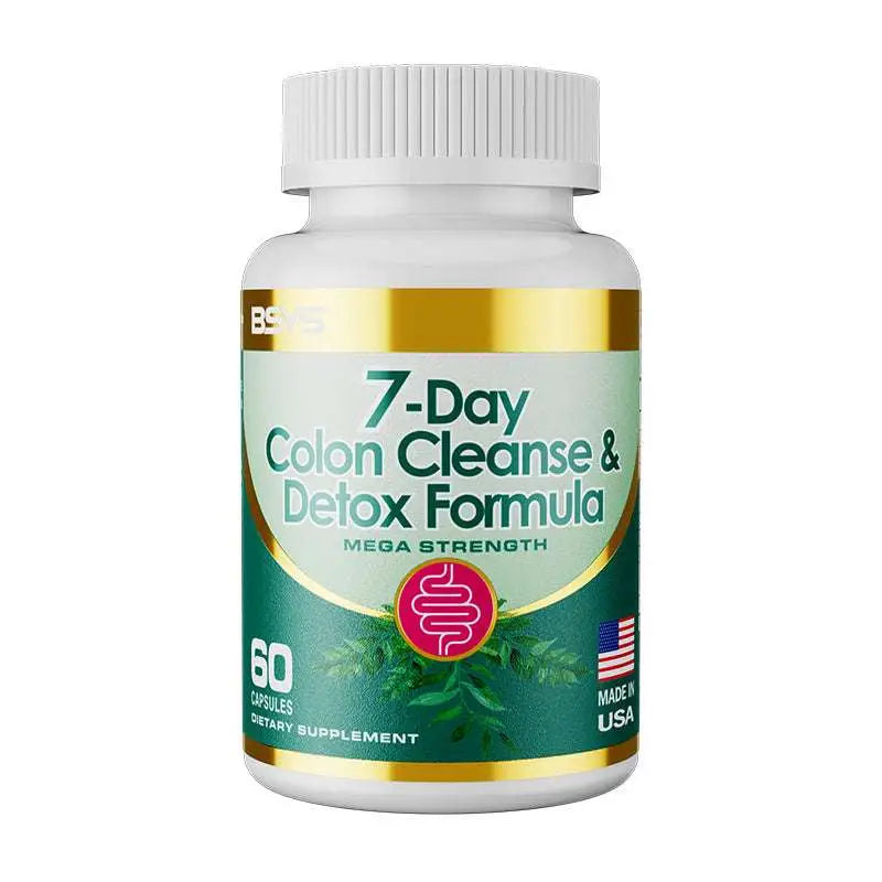 White plastic bottle with green and gold label for 7 day colon cleanse effective detox formula made in usa