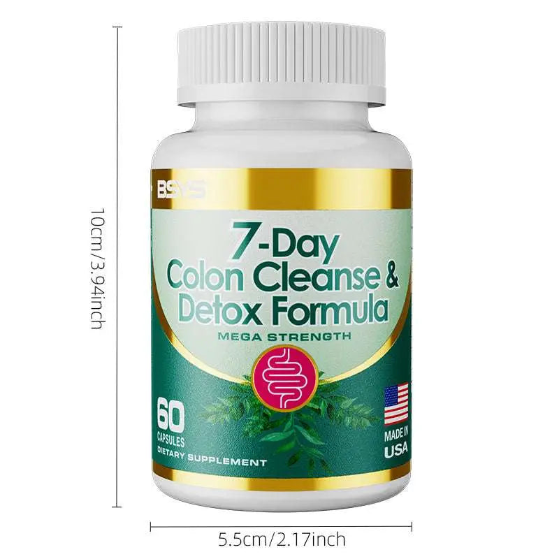 White plastic bottle with gold and green label of 7 day colon cleanse and detox formula capsules made in usa