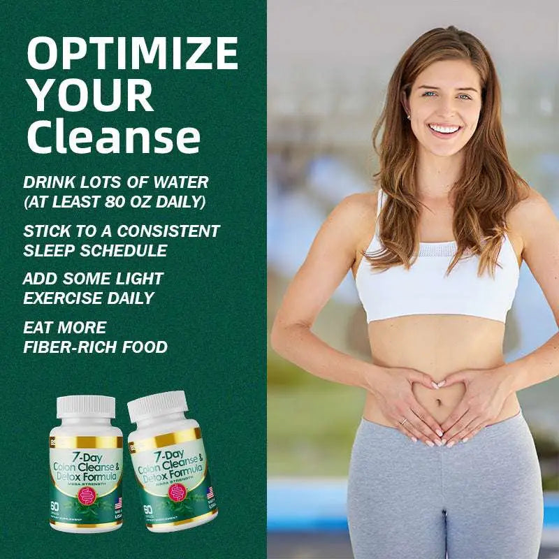 Two white bottles with gold and green labels containing 50 capsules of 7 day colon cleanse detox formula