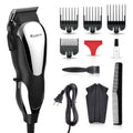 Black and silver corded hair clippers grooming kit with multiple combs brush cape and beard styling tools