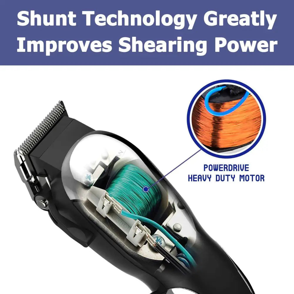 Black and silver corded hair clippers with visible green motor winding in a grooming kit for beard styling