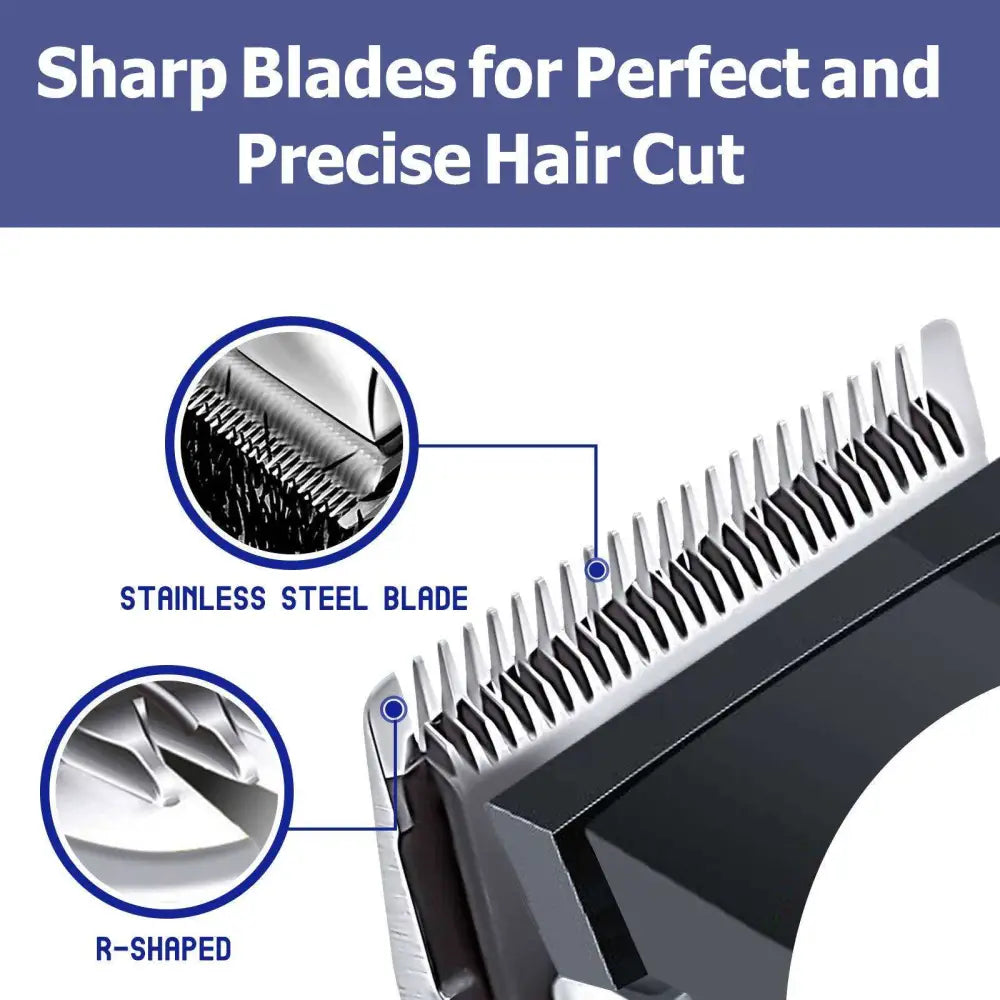 Black and silver corded hair clippers with stainless steel blades for beard styling in a 7-in-1 grooming kit