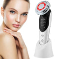 Silver and black 7-in-1 facial massager ems with red light vibration led head and multiple treatment modes including rf led and eye care