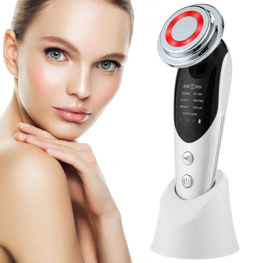 Silver and black 7-in-1 facial massager ems with red light vibration led head and multiple treatment modes including rf led and eye care