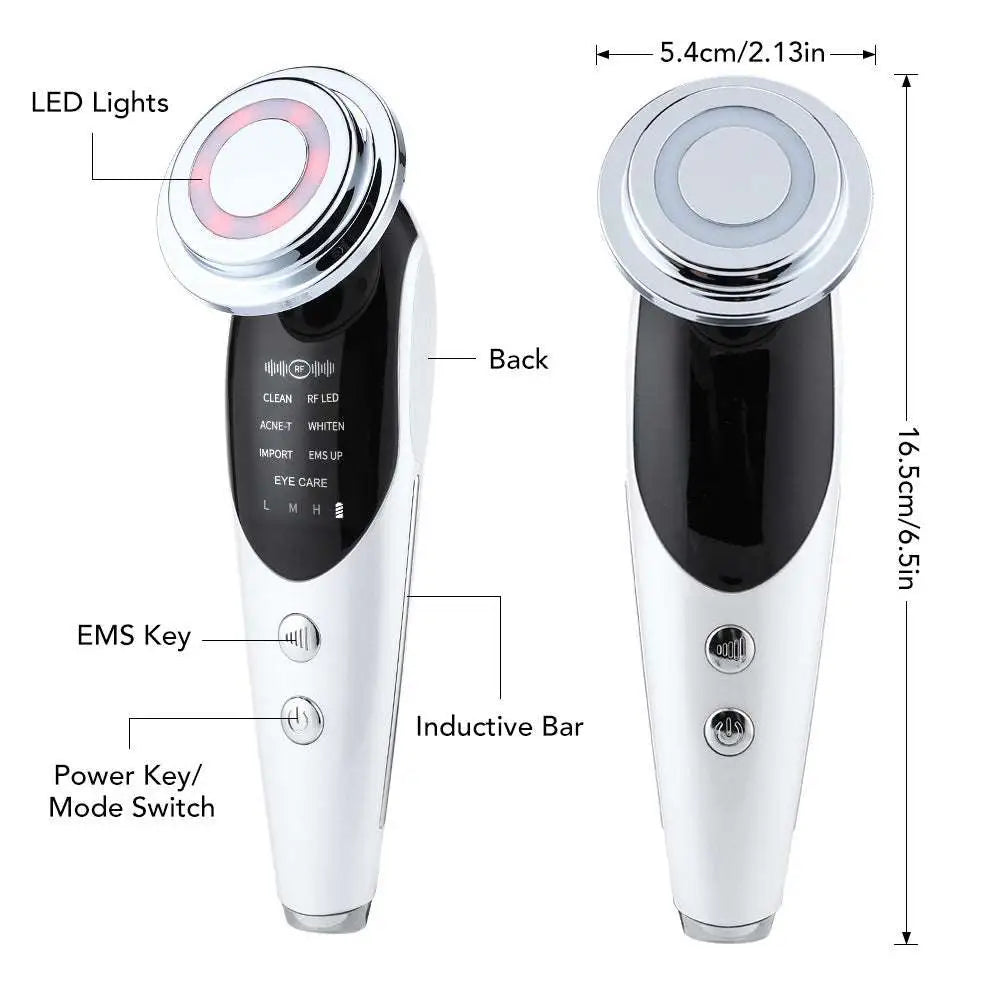 A sleek white and black 7-in-1 facial massager ems with chrome circular head featuring led lights for clean and eye care