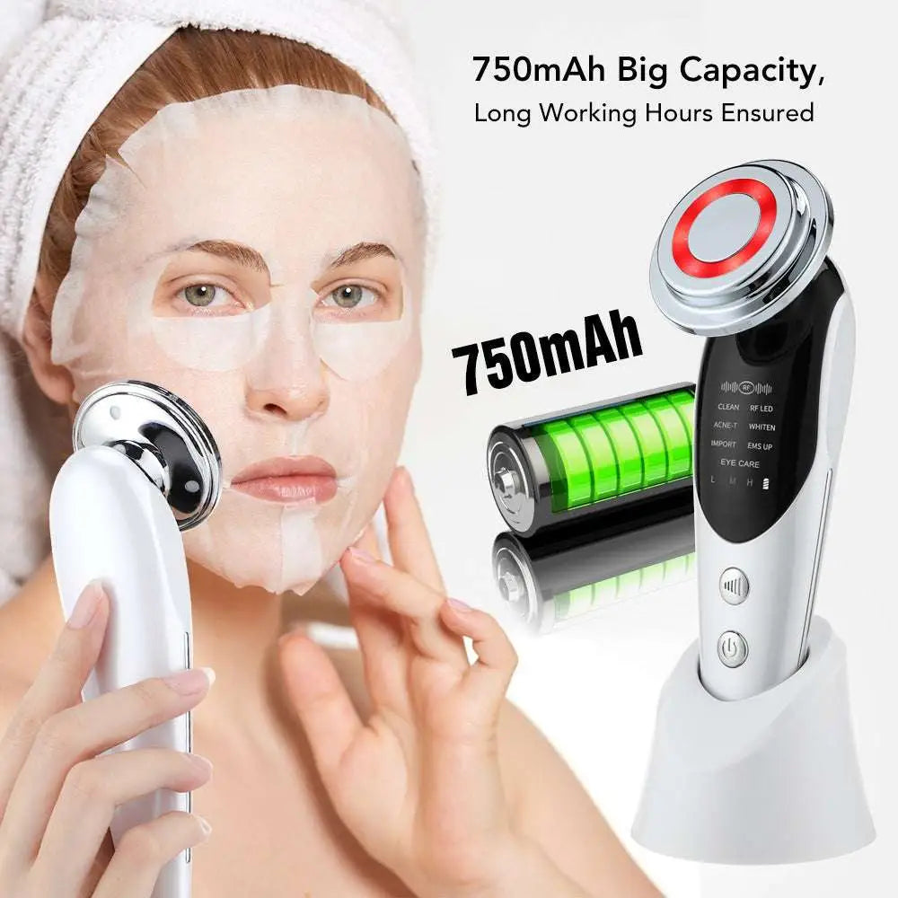 White and silver 7-in-1 facial massager EMS with circular red-lit treatment head and light vibration LED for skincare