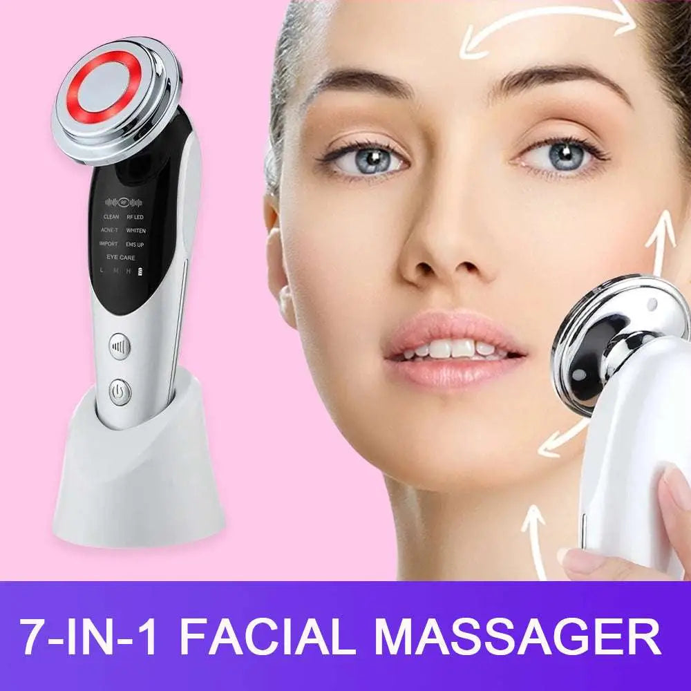 Silver and black 7-in-1 facial massager ems with red illuminated circular head and light vibration led technology